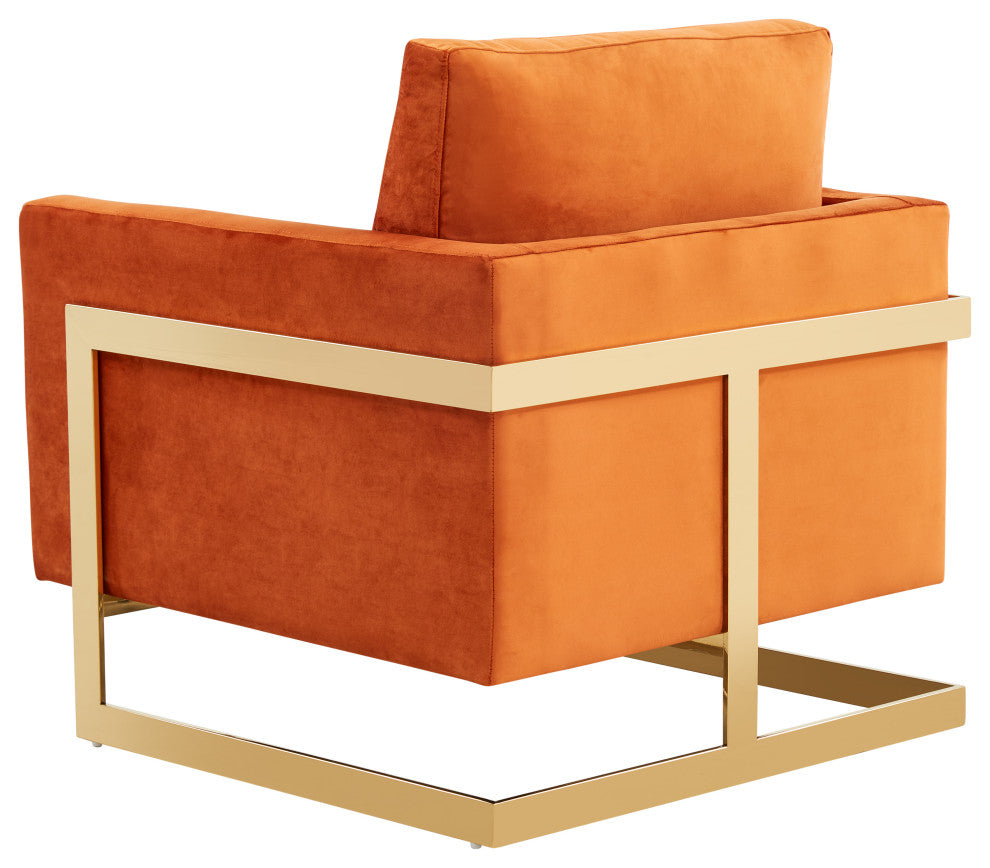 LeisureMod Lincoln Velvet Accent Armchair With Gold Frame, Orange Marmalade