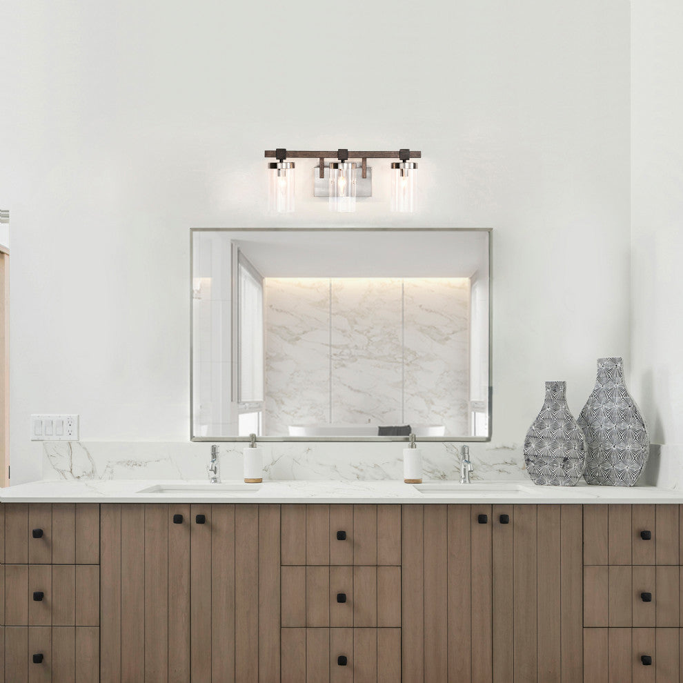 Lucy 3-Light Glass Wall Sconce, Satin Nickel and Faux Wood Finish