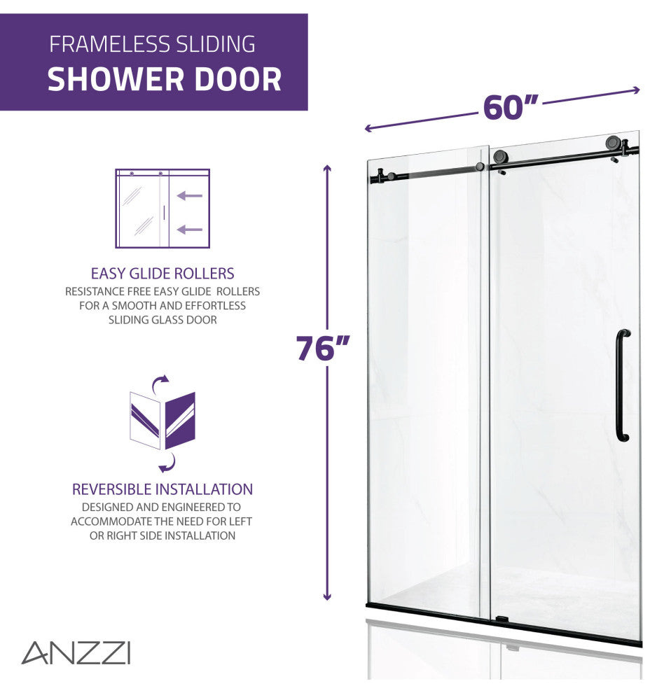 Madam Series 60 in. W x 76 in. H Frameless Sliding Shower Door in Matte Black