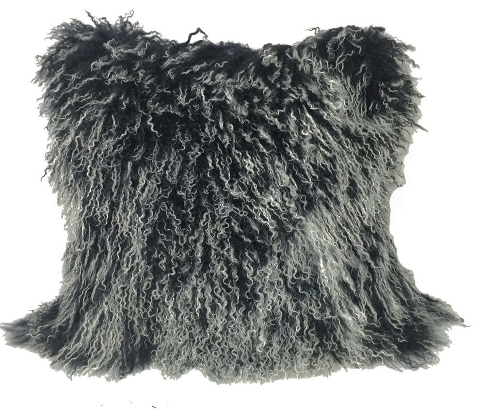20" Black White Genuine Tibetan Lamb Fur Pillow With Microsuede Backing