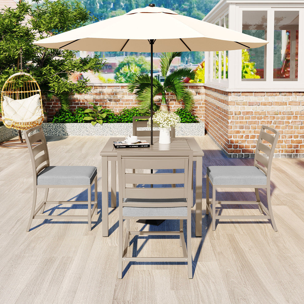 5-Piece Outdoor Steel Patio Dining Set with table and four chairs, Brown Gray
