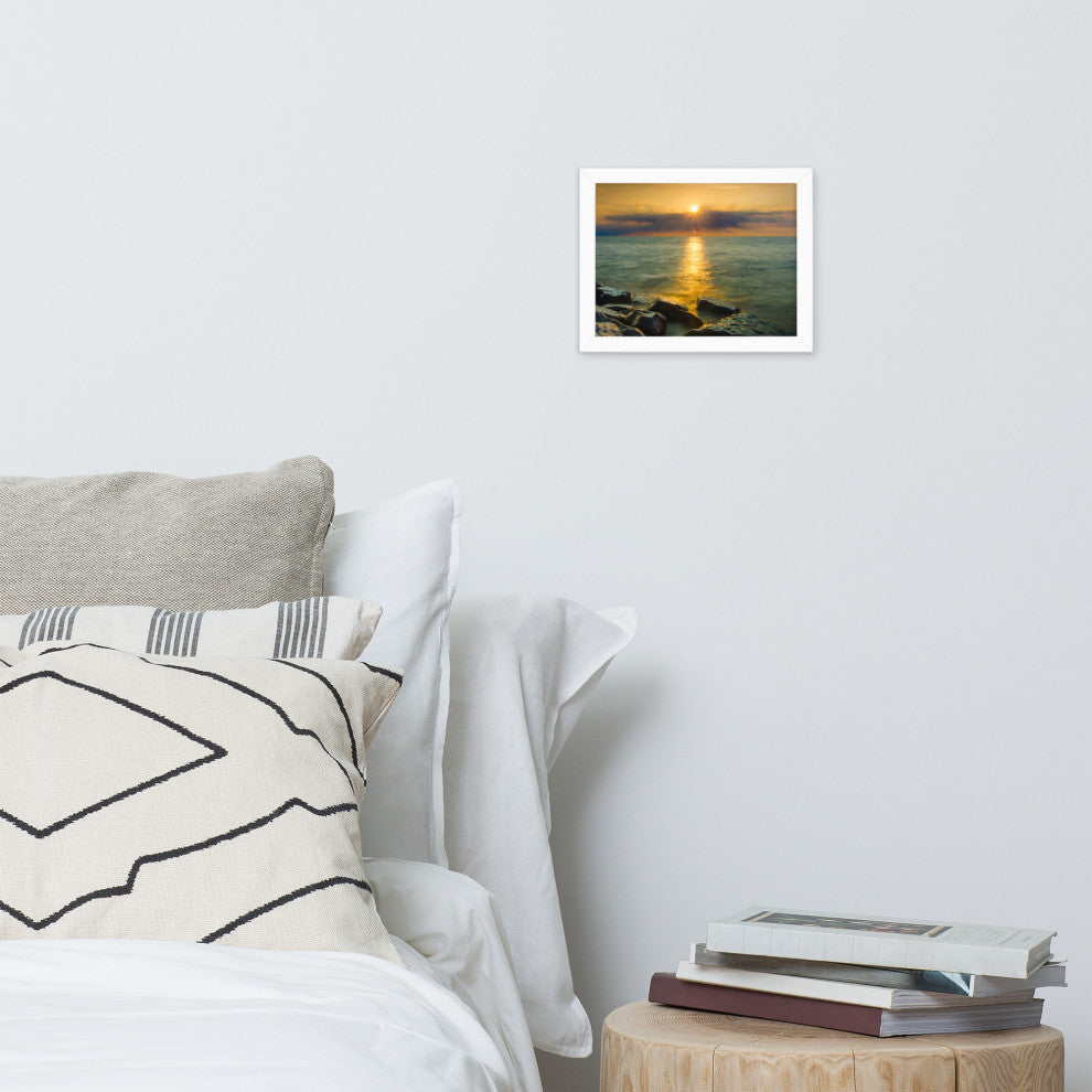 Sun Ray on the Water Coastal Landscape Framed Photo Paper Wall Art Print, White, 8" X 10"