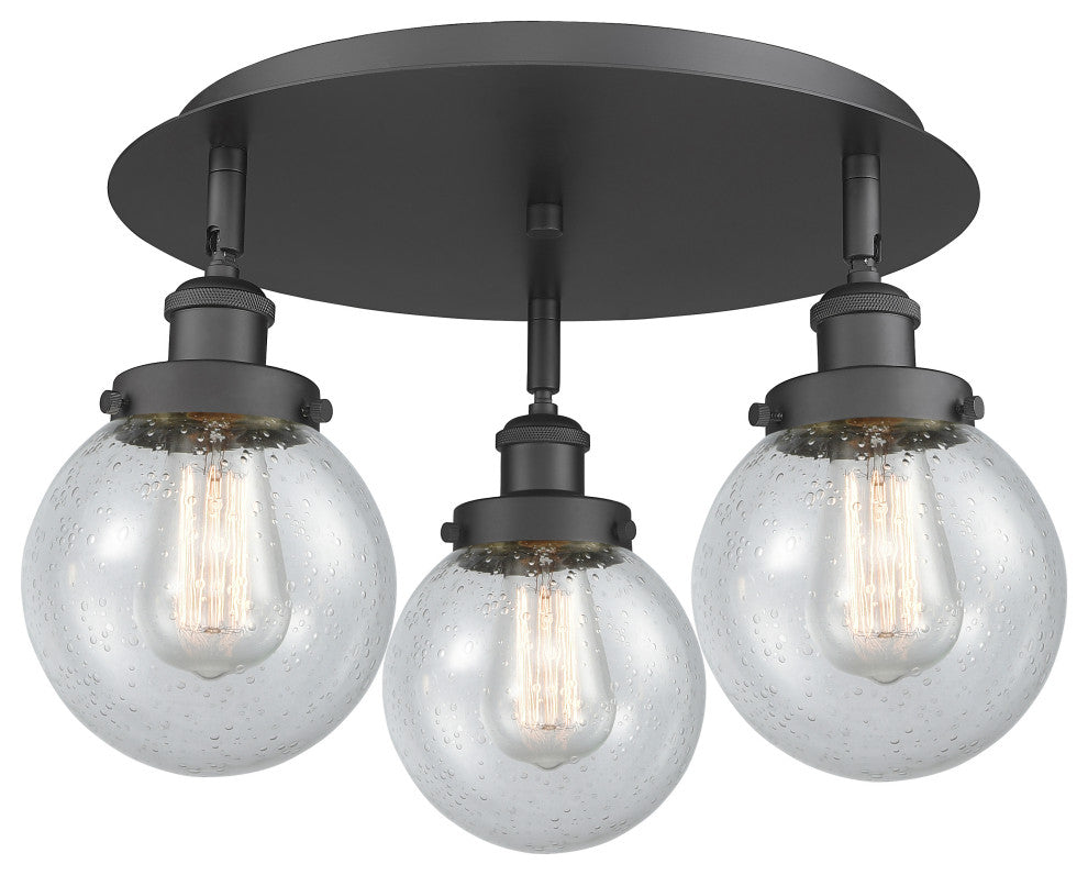 Beacon-3 Light 18" Flush Mount-Matte Black, Seedy Glass Shade