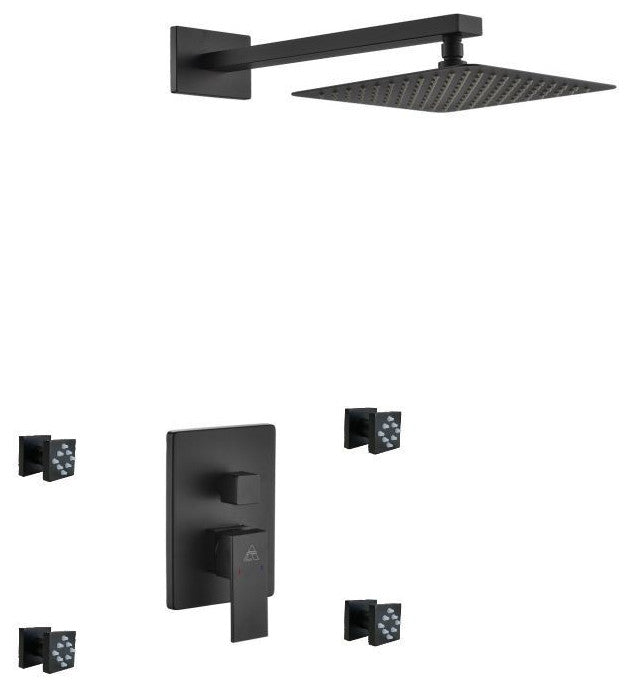 Aqua Piazza Set, 8" Square Rain Shower and 4 Body Jets, Matte Black