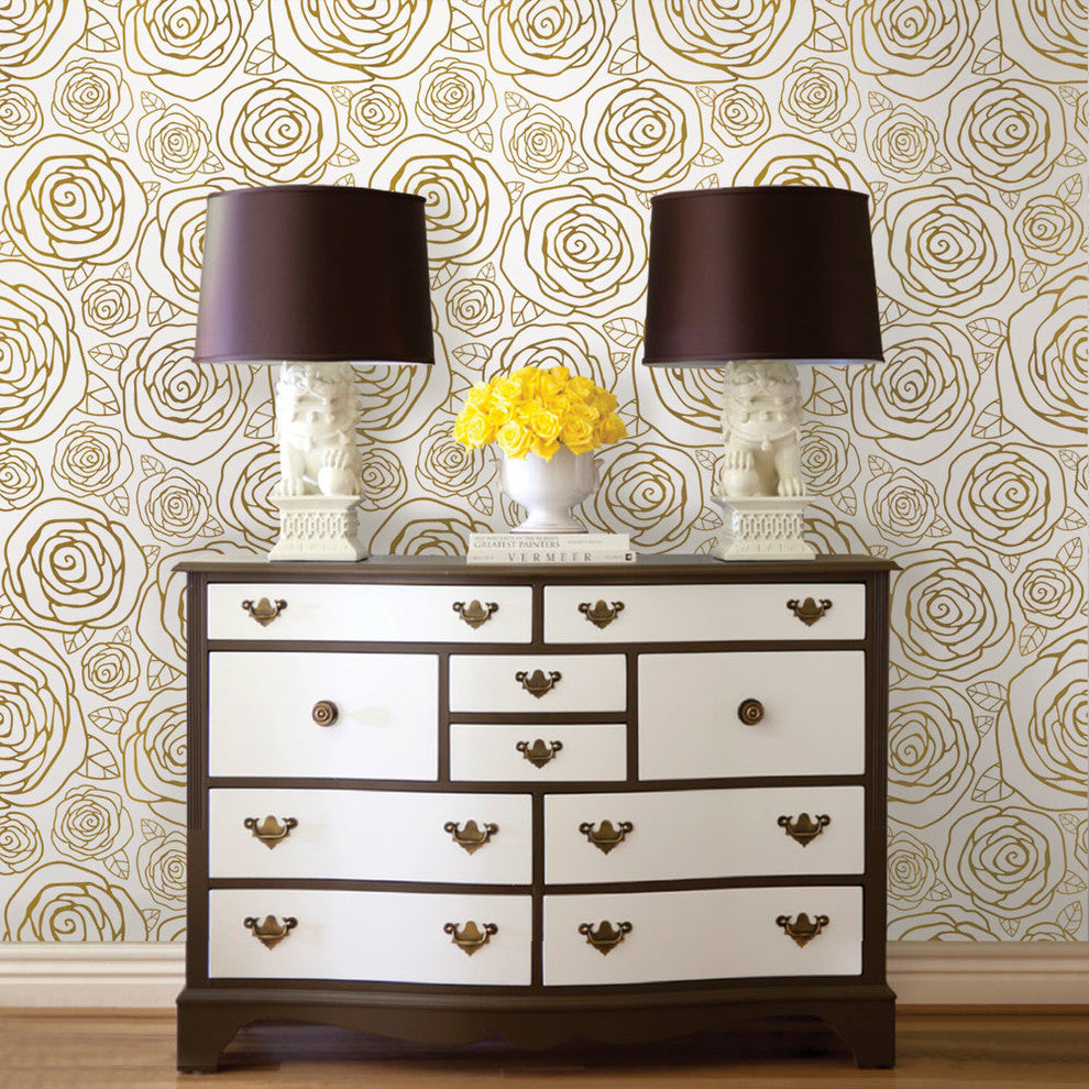 Gold Roses Peel and Stick Vinyl Wallpaper, 24"w X 60"h