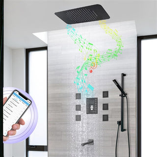 LED 20*14" Matte Black Musical Remote Controlled Shower System, 6 Jetted Body