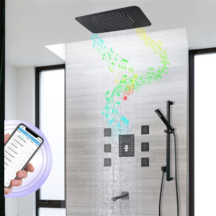 LED 20*14" Matte Black Musical Remote Controlled Shower System, 6 Jetted Body