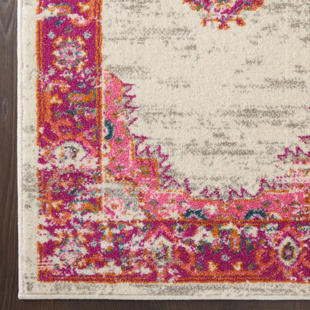 7 x 10' Ivory and Fuchsia Distressed Area Rug