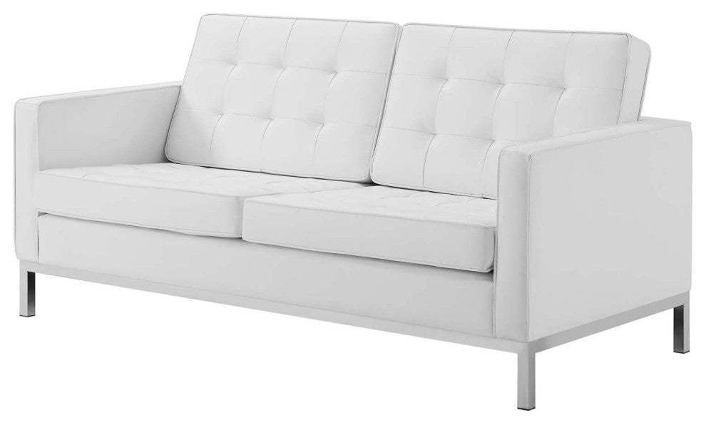 Tufted Armchair and Loveseat Sofa Set, Faux Leather, Silver White, Modern