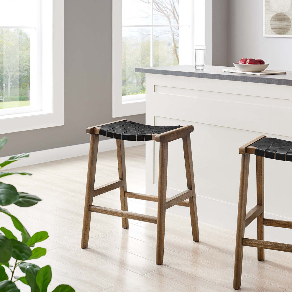 Saoirse Faux Leather Wood Counter Stool - Set of 2 - Walnut Black