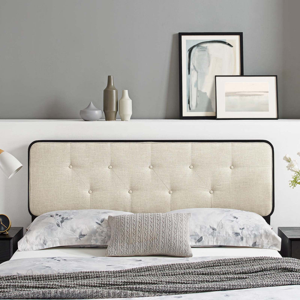 Tufted Headboard, Twin Size, Wood, Fabric, Black Beige, Modern Mid-Century
