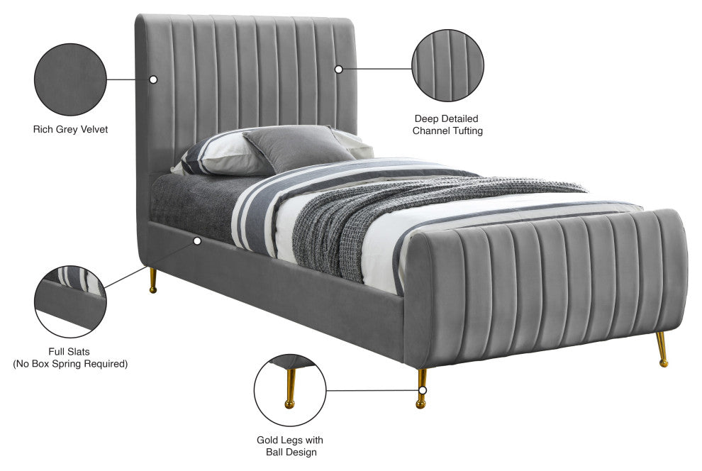 Zara Channel Tufted Velvet Upholstered Bed With Custom Gold Legs, Gray, Twin