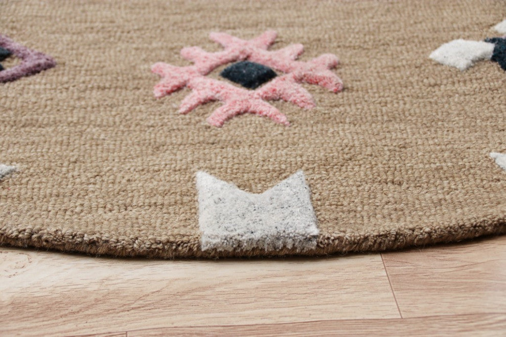 7" Round Taupe Boho Chic Motif Area Rug
