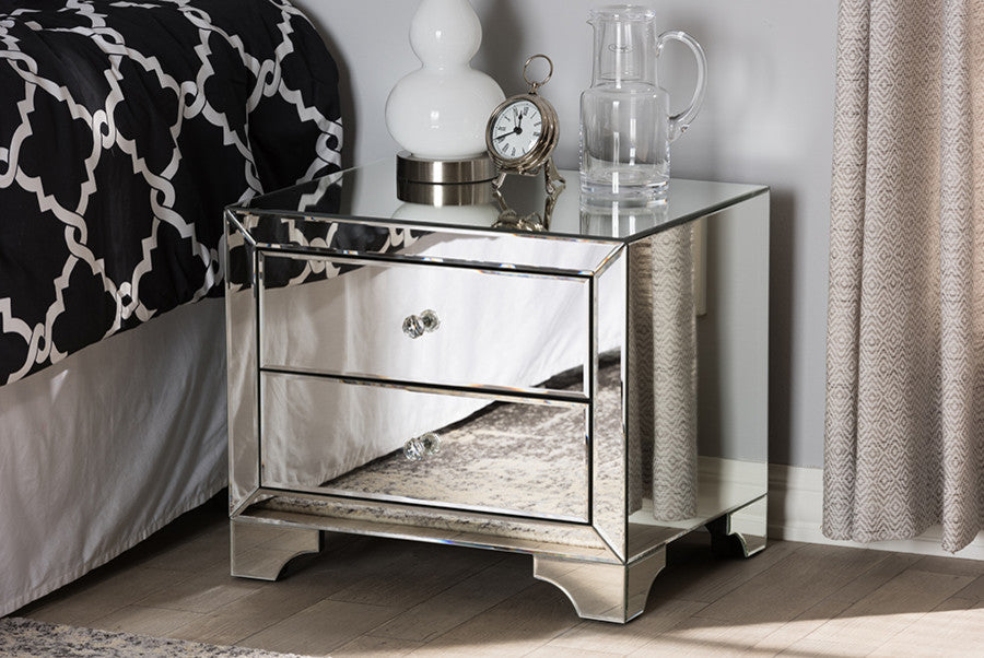 Farrah Hollywood Regency Glamour Style Mirrored 2-Drawer Nightstand