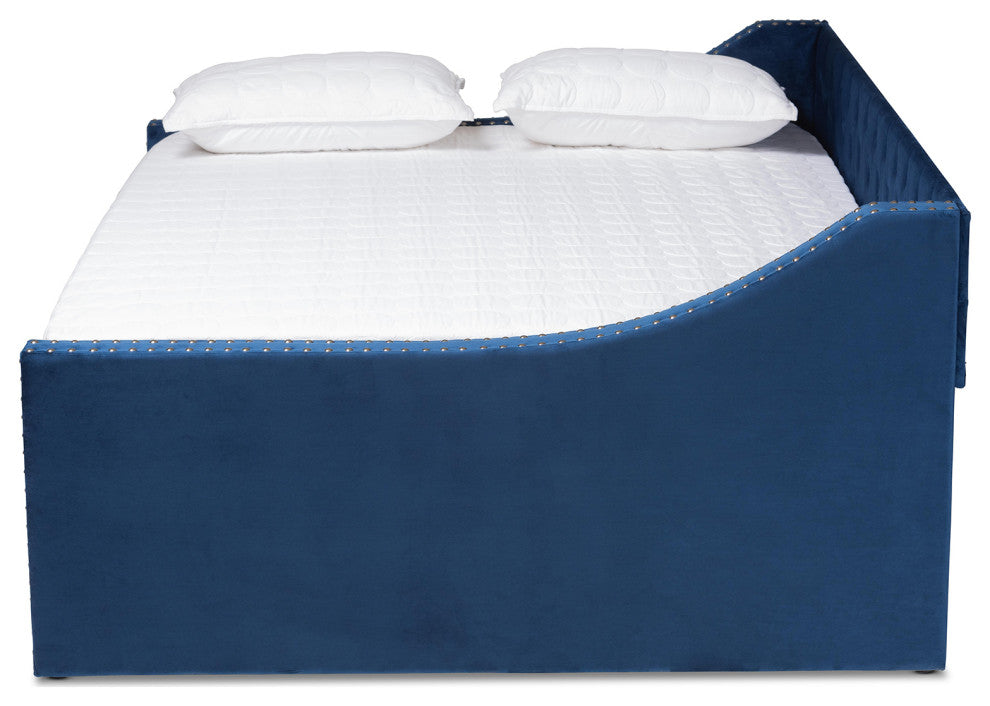 Shona Modern Velvet Upholstered Trundle Daybed, Navy, Queen Size