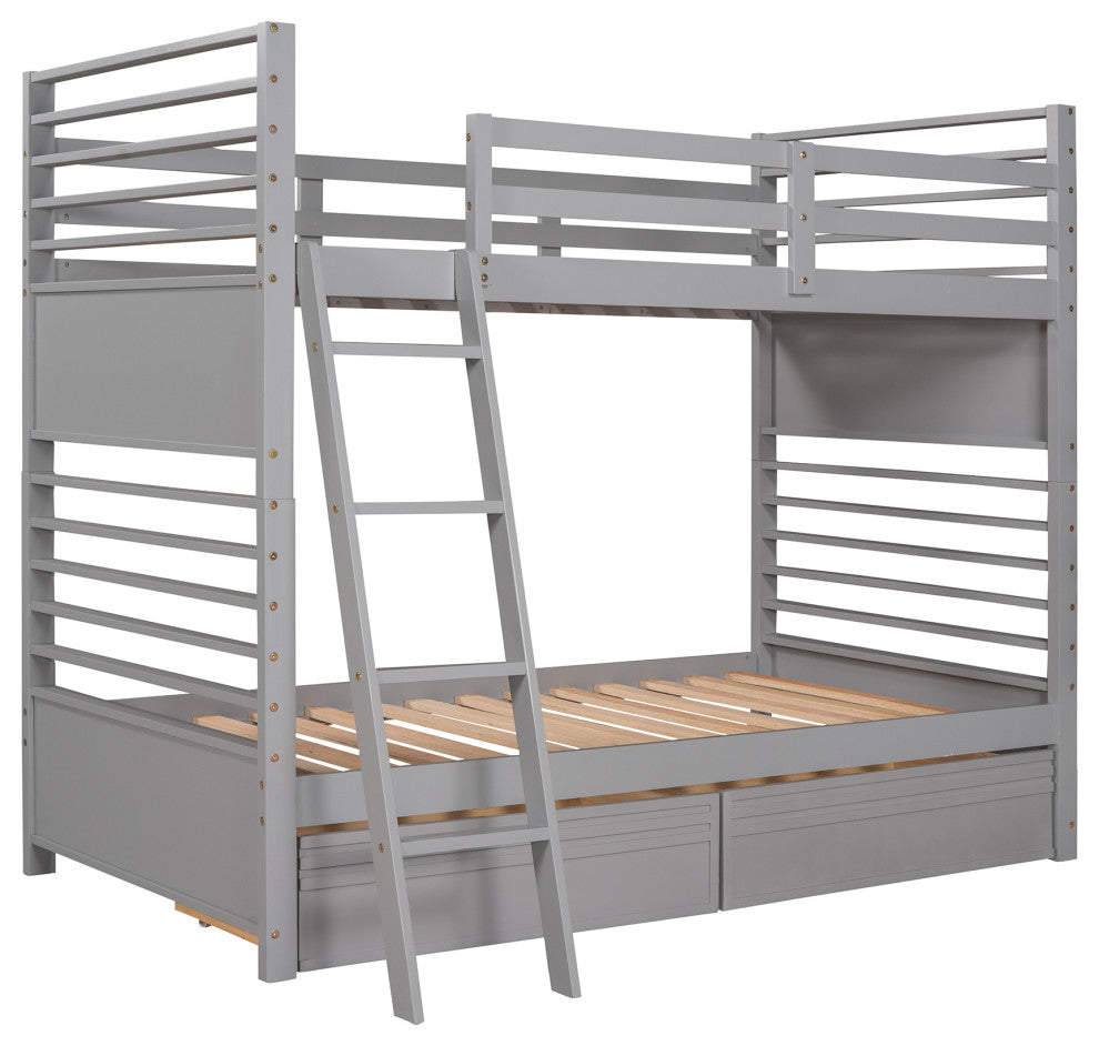 Gewnee Wood Twin Over Twin  Bunk Bed with Two Drawers in Gray