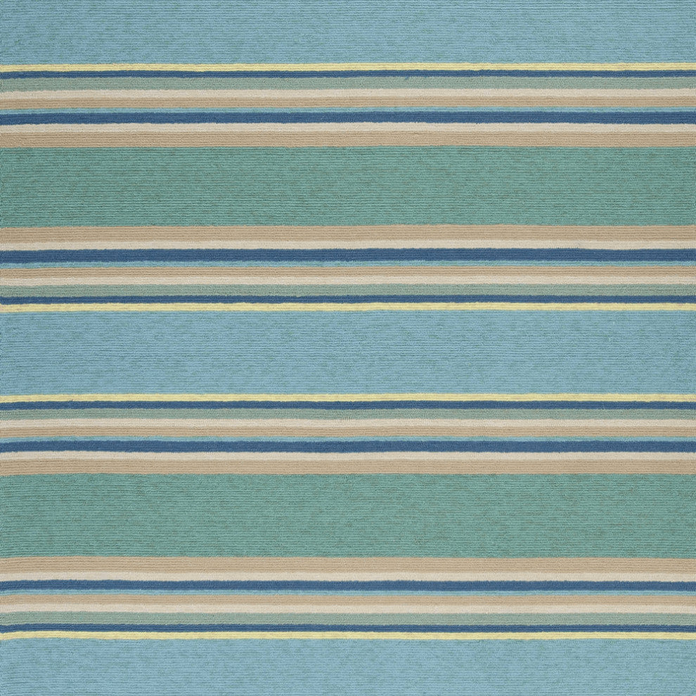 8'X10' Ocean Blue Hand Hooked Uv Treated Awning Stripes Indoor Outdoor Area Rug