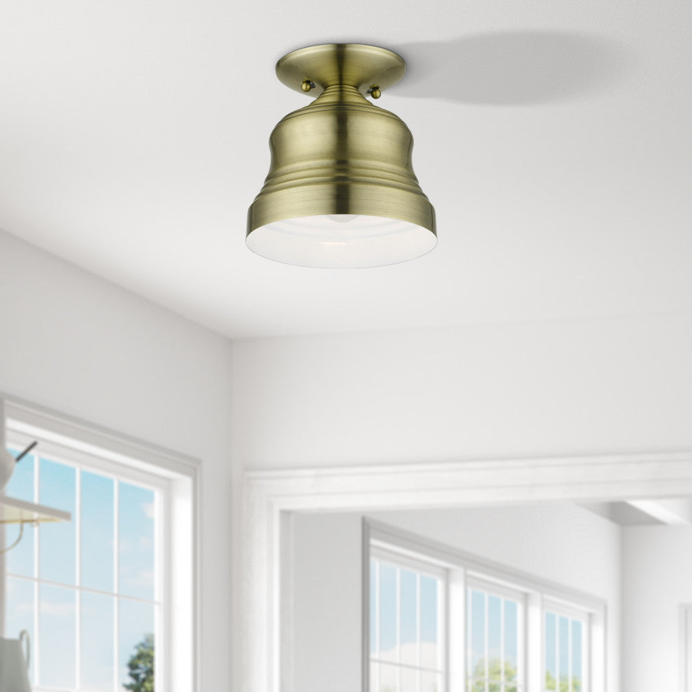 Livex Lighting Endicott 1-Light Bell Petite Bell Semi-Flush, Antique Brass/White