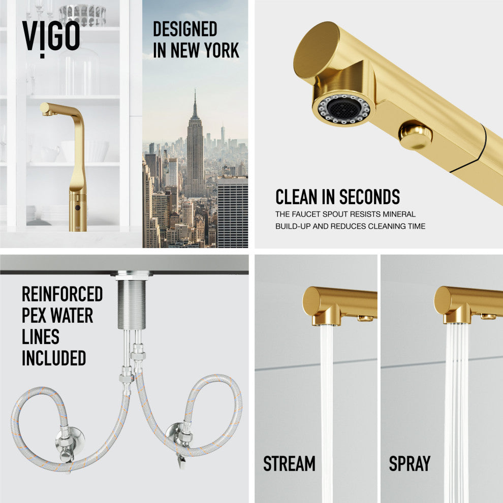 VIGO Jewel 15" H Touchless Pull-Out Sprayer Kitchen Faucet, Matte Brushed Gold