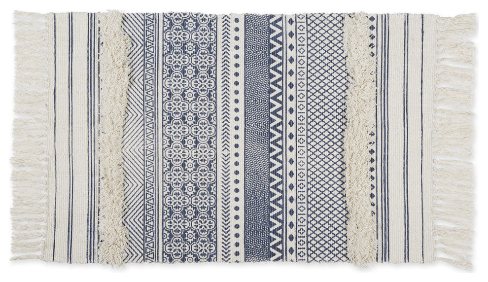 French Blue Printed Off-White Hand-Loomed Shag Rug 2x3 ft.