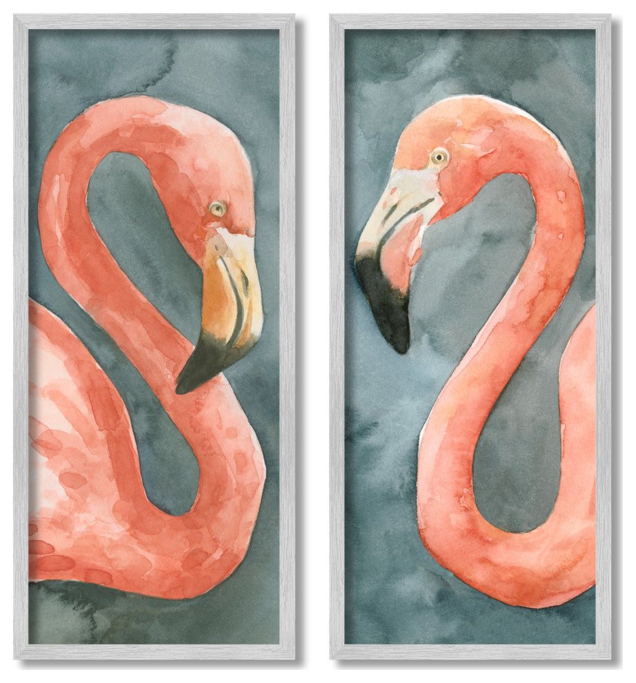 Watercolor Pink Flamingo Pair Watercolor Animal Portrait,13 x 30