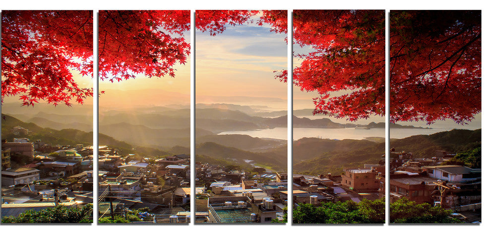 Taiwan Township with Red Trees, Large Landscape Canvas Art, 60"x28", 5 Panels