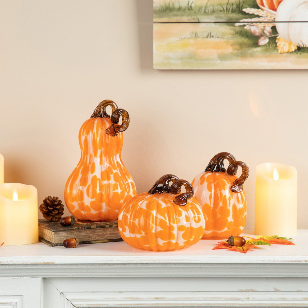 3-Piece Set Orange Glass Pumpkin & Gourd