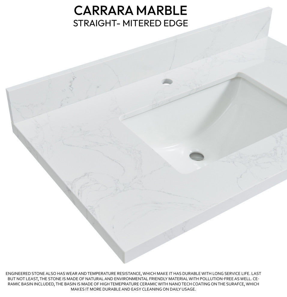Malaga Composite Stone Vanity Top With Ceramic Sink, Grain White, 37"