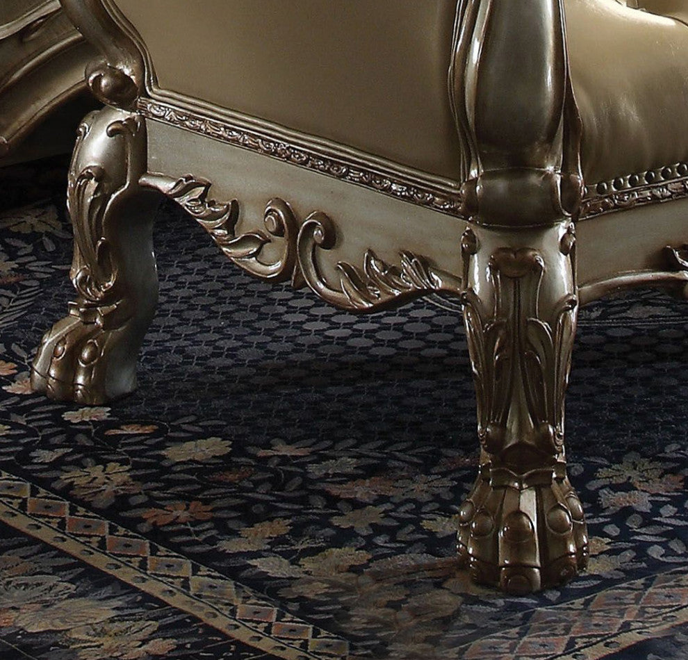 Leatherette Bench with Arms, Bone and Gold Patina