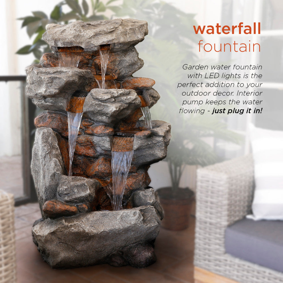 52" Tall Outdoor 5-Tier Rainforest Rock Water Fountain with LED Lights