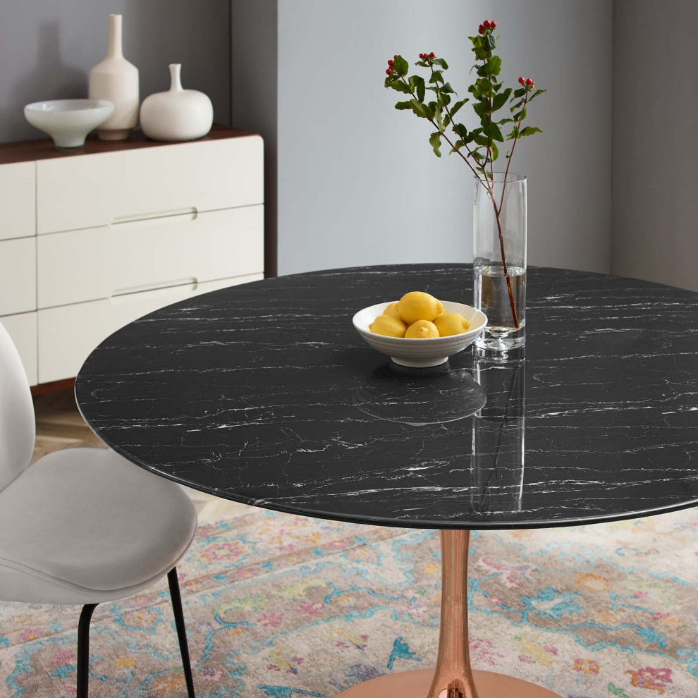 Dining Table, Round, Artificial Marble, Metal, Rose Gold Black, Modern, Bistro