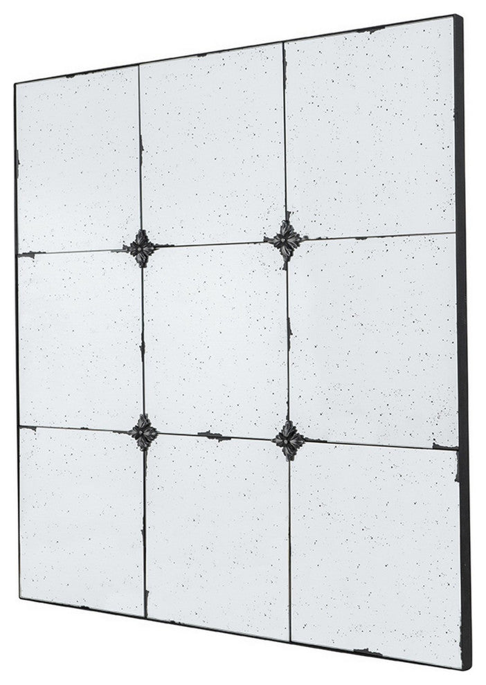 Benzara BM286308 Wall Mirror, Antique Black Square Metal Frame, Baroque Style