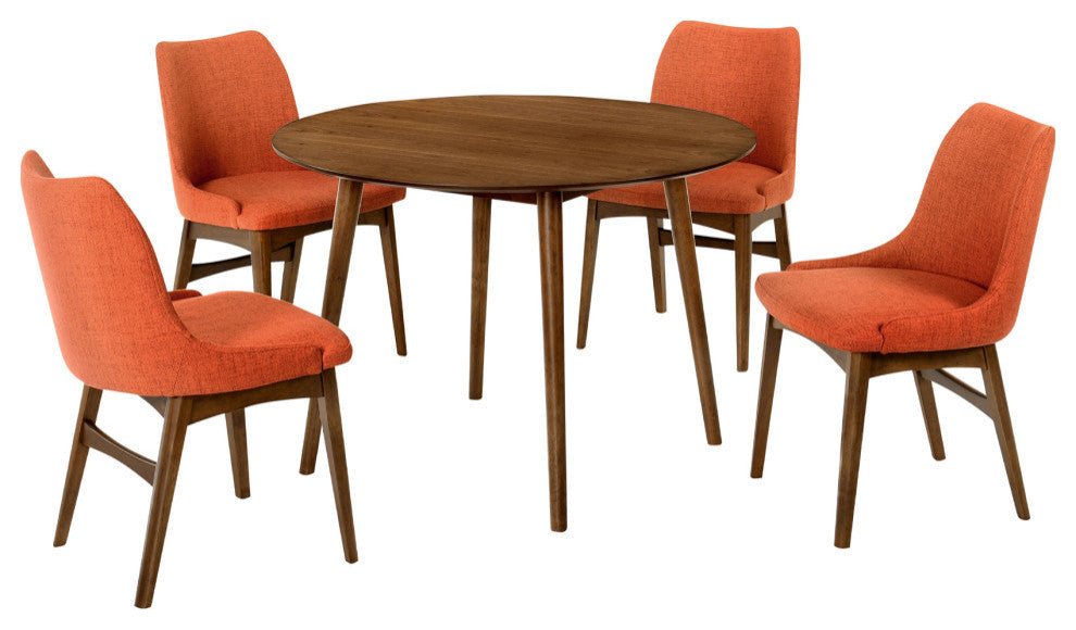 Arcadia and Azalea Round and Wood 5-Piece Dining Set, Orange and Walnut, 42"