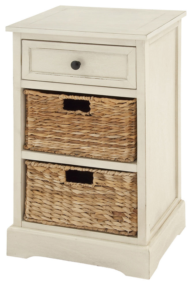 Urban Designs Malibu 3-Drawer Night Stand With Wicker Baskets, White