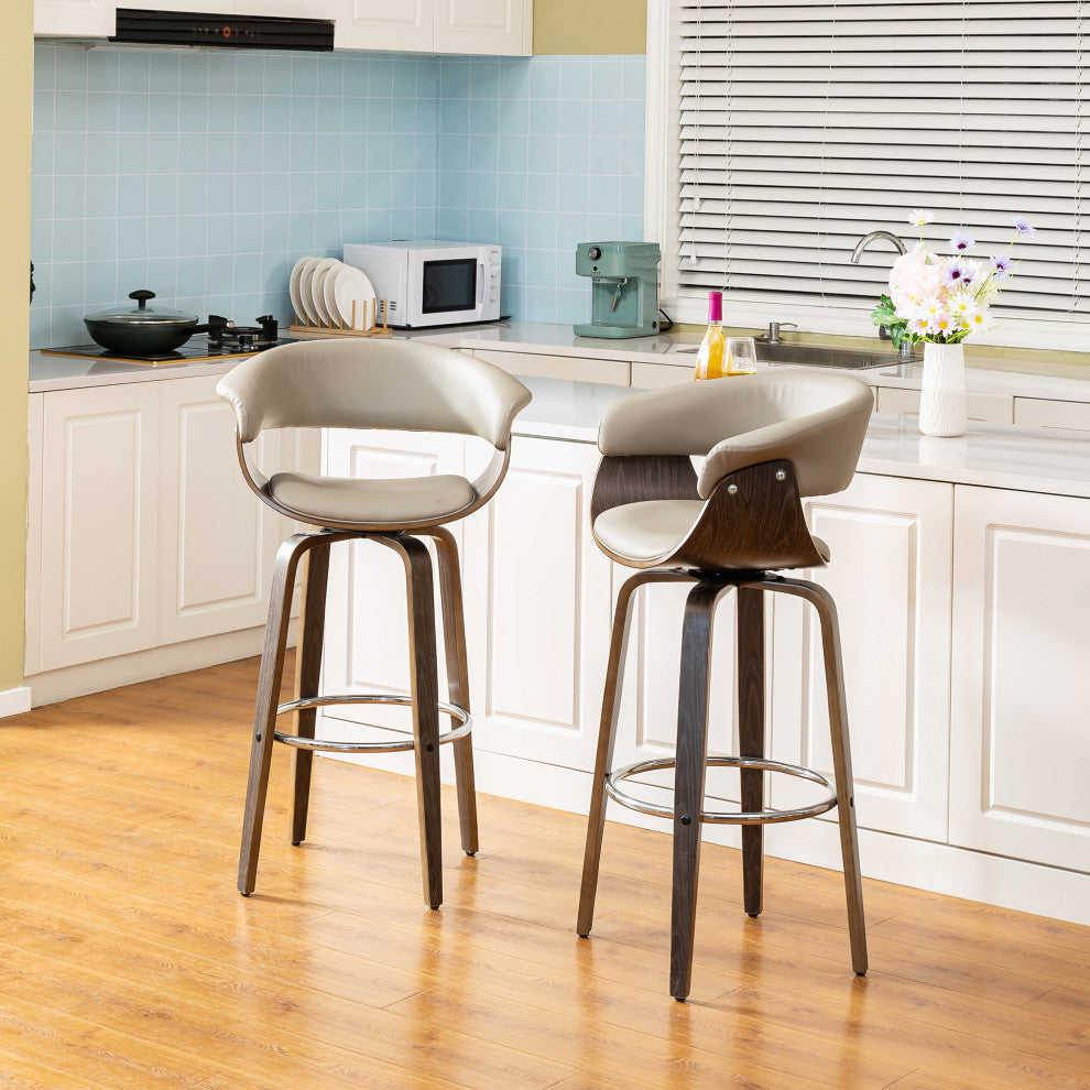 Bentwood Swivel Bar Chair, PU Leather, Set of 2, Gray