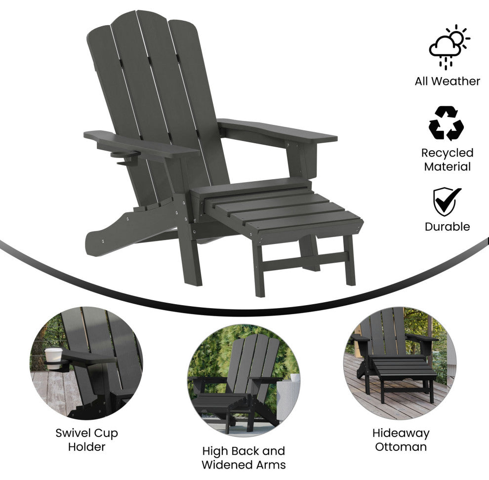 Newport HDPE Adirondack Chair with Cup Holder and Pull Out Ottoman, Gray