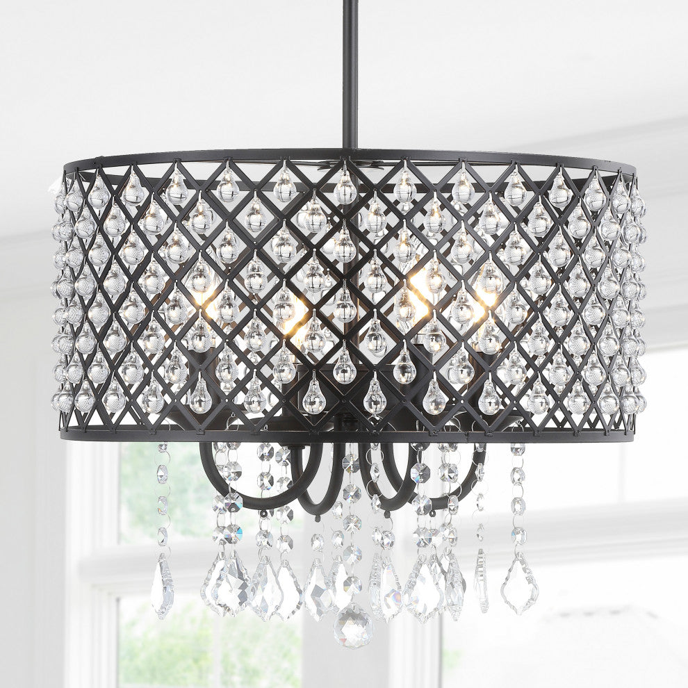 Gigi Metal and Crystal Adjustable LED Drop Pendant, Black and Clear, 17