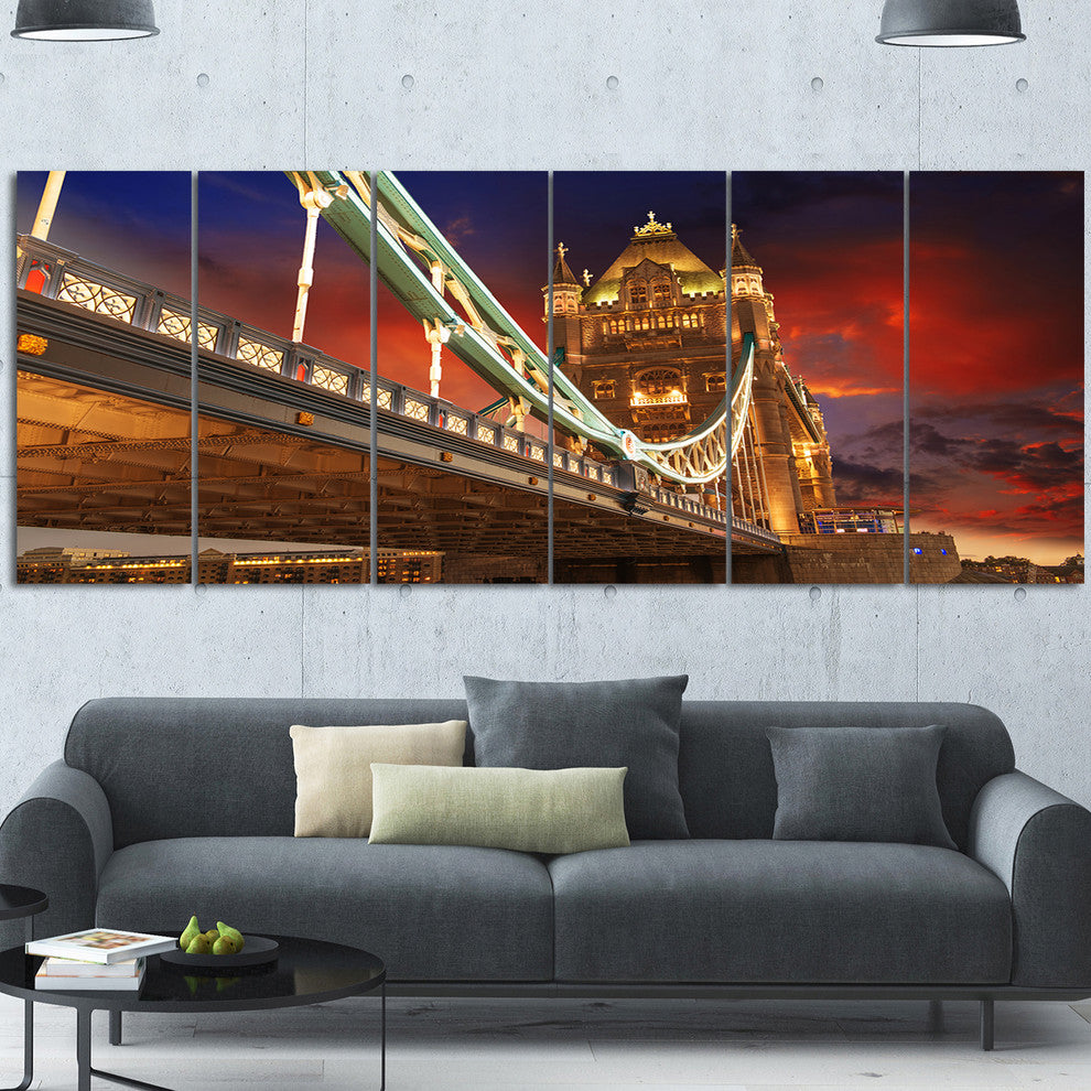 Famous Tower Bridge at Night, Modern Cityscape Canvas Print, 70"x28", 6 Panels