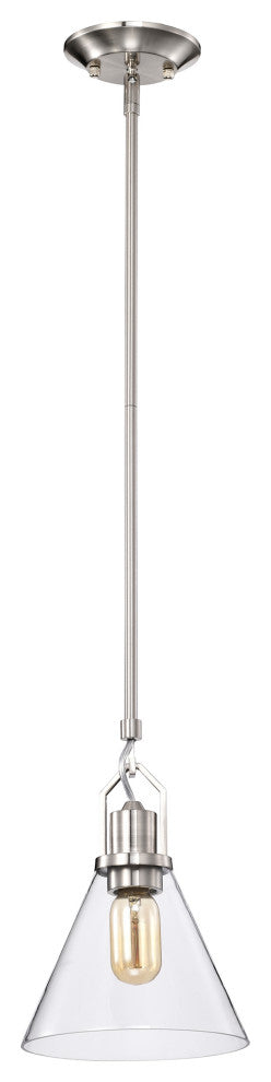 1-Light Brushed Nickel Mini Pendant With Clear Cone Glass Shade