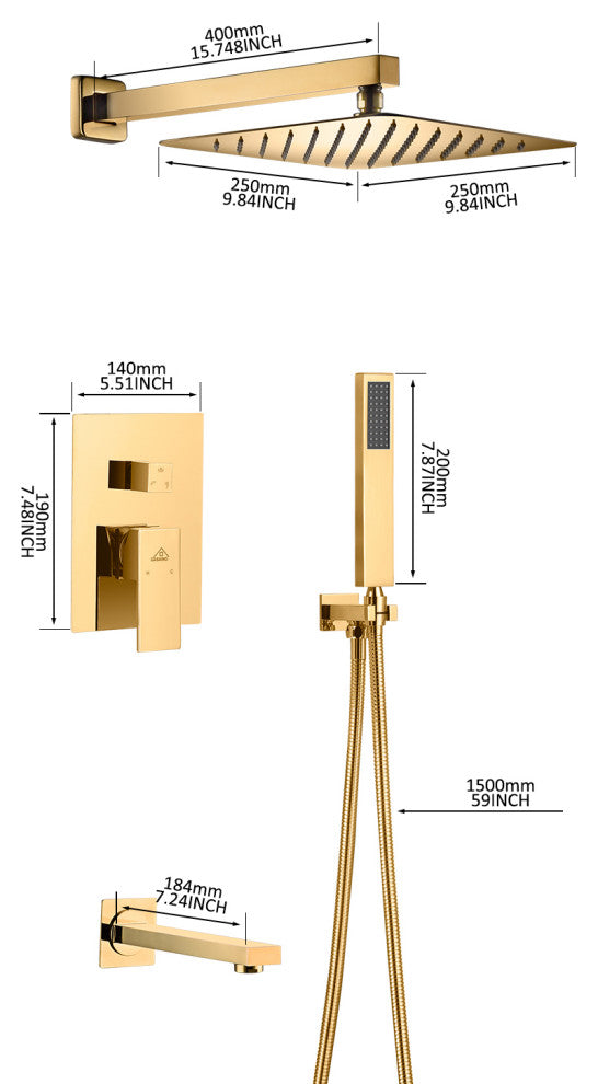 CASAINC 10" Wall Mounted Luxury Dual Rainfall Shower System Kit w Bathtub Spout, Gold