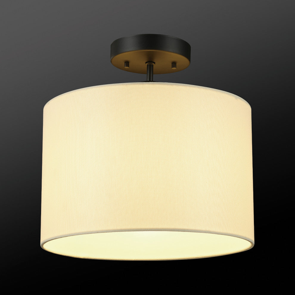 Jonas 1-Light Matte Black Flush Mount Ceiling Light with Beige Linen Shade
