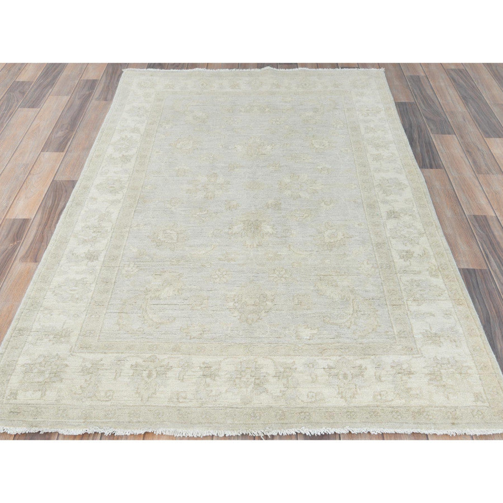 Ivory Organic Wool Hand Knotted Afghan Stone Washed Peshawar Rug 4'x5'10"