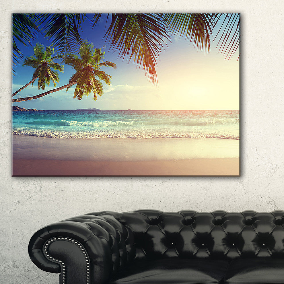 "Typical Sunset On Seychelles Beach" Seascape Art Canvas, 40"x20"