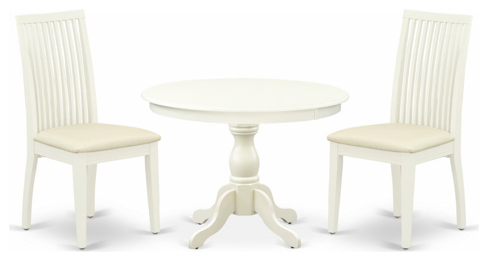 3 Pc Dining Set, Linen White Round Table, 2 Linen White Chairs, Linen White