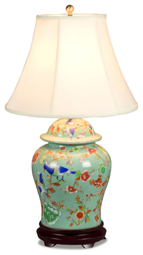 Light Teal Green Flower and Bird Motif Asian Porcelain Lamp