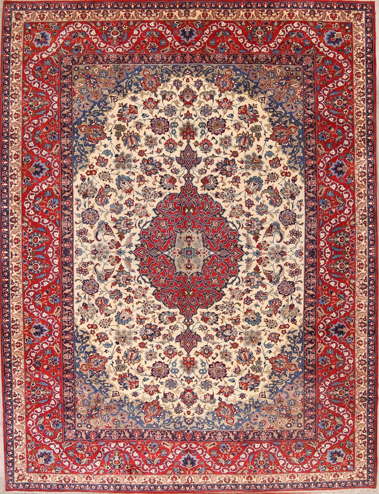 Consigned, Hand Made Persian Medallion Worn Oriental Vintage Rug, Beige, 10'x14'