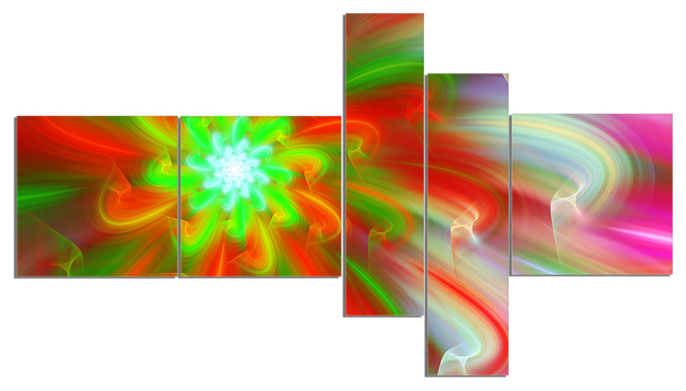 Dance of Red Fractal Flower Petals, Floral Canvas Art Print, 60"x32", 5 panels