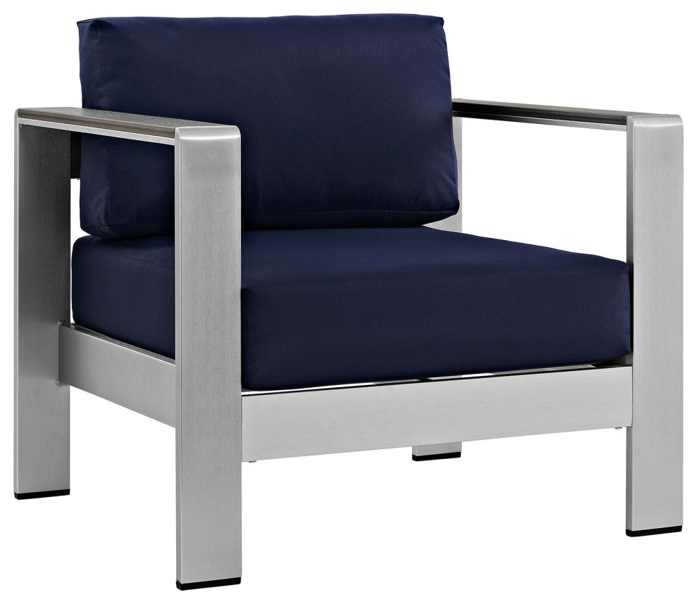 Modway Shore 5 Piece Outdoor Patio Aluminum Sectional Sofa Set, Silver Navy