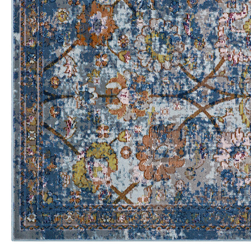 Blue Gray, Yellow and Orange Minu Distressed Floral Lattice 4x6 Area Rug
