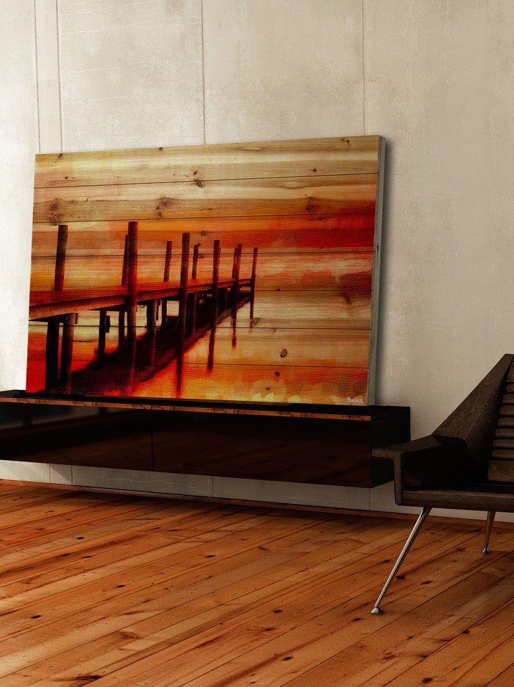 "Sunset Dock" Print on Natural Pine Wood, 60"x40"